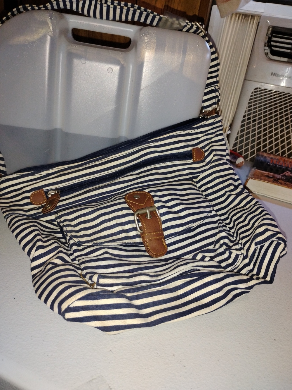 Time and Tru Navy & White Striped Canvas Backpack with Brown Trim